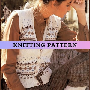 Fair Isle Waistcoat Knitting Pattern Women Knit Vest Sleveless Button Up 80s Vintage Ladies V neck Classic Retro Autumn 5 ply Patons PDF