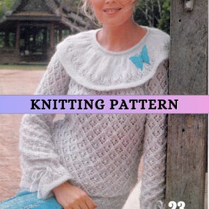 May include: A light gray knitted sweater with a ruffled collar and a blue butterfly accent. The sweater has a diamond pattern and long sleeves. The text "KNITTING PATTERN" is displayed across the image.