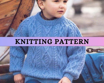 Boy Aran Sweater Knitting Pattern Childrens Knitting Patterns Kids Knitted Raglan Jumper DK Round Neck Pullover Classic Cabled Printable PDF