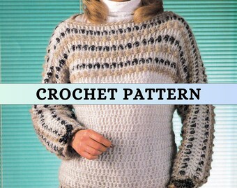 Open Stitch Sweater Crochet Pattern Women Colorwork Jumper Basic Eyelet Lacework Pullover Spring Retro Vintage 80s Boat Neck DK Weight PDF