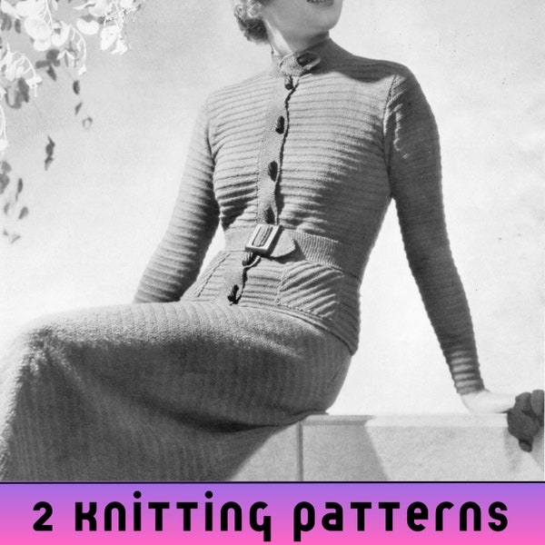 40s Knitting Pattern, Knitted Two Piece Set, Old Knitting Patterns for Women, Vintage Coat Jacket 1940s Skirt Suit 4 ply - Printable PDF