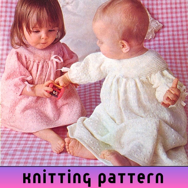 Baby Christening Dress Knitting Pattern, 4 ply Baby Patterns, Easy Knit Baptism Gown with Yoke, 70s Vintage Knit Pattern - Printable PDF