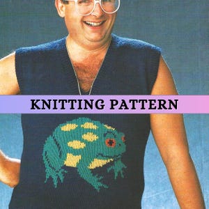 Peut inclure: Patron de tricot pour un gilet bleu sans manches avec un motif de grenouille verte. La grenouille a des taches jaunes et des yeux rouges. Le patron est intitulé "Knitting Pattern".