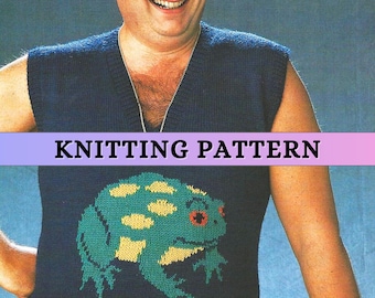 Men Vest Knitting Pattern Intarsia Sleeveless Sweater Frog Graphic Knit Colorwork Animal Vintage Swagger Sweater Jumper Pullover DK PDF