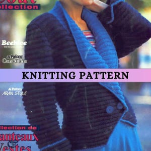 May include: Knitting pattern for a blue and black cardigan with a beehive stitch. The pattern is from Patons Canadiana and Aran Style.