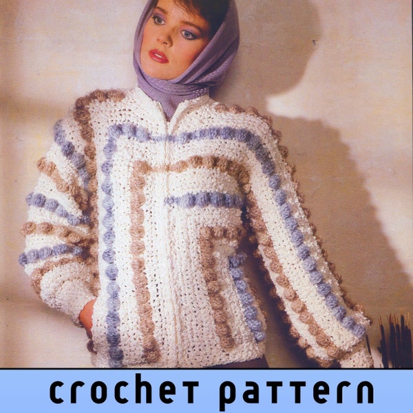 Bomber Jacket Crochet Pattern Crochet Textured Cardigan Geometric Motif Vintage 80s Retro Womens Crochet Cardigan Pockets DK Yarn 8 ply PDF