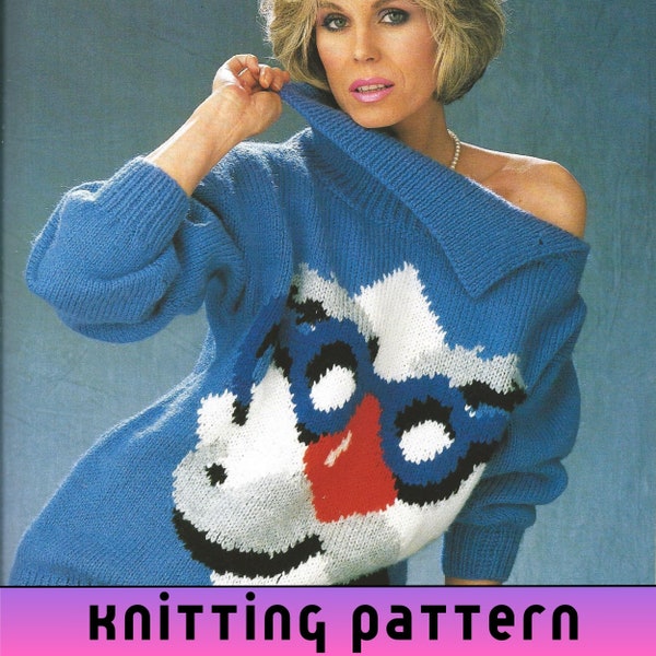 Bulky Yarn Sweater Pattern Knit Womens Intarsia Knitting Chunky Colorful Sweater Funny Colorwork Jumper Collar Pullover Knitting Pattern PDF