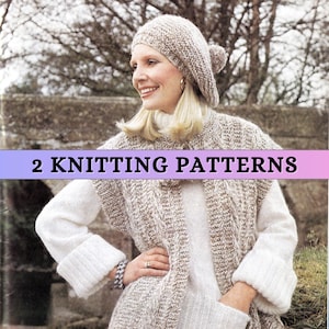 May include: A woman wearing a knitted hat, vest, and sweater. The hat has a pom-pom. The vest and hat are a light brown color. The text "2 KNITTING PATTERNS" is displayed on a pink and purple banner.