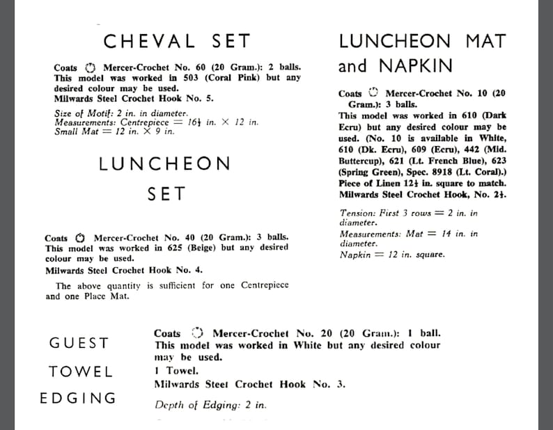 Op de afbeelding: Haakinstructies voor een Cheval-set, een lunchset en een gastendoekrand. De instructies omvatten het garengewicht, de haakmaat en de afmetingen voor elk onderdeel. De instructies zijn in zwart en wit op een witte achtergrond geschreven.