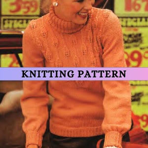 May include: A knitted sweater with a turtleneck and a cable knit pattern. The sweater is a light orange color.