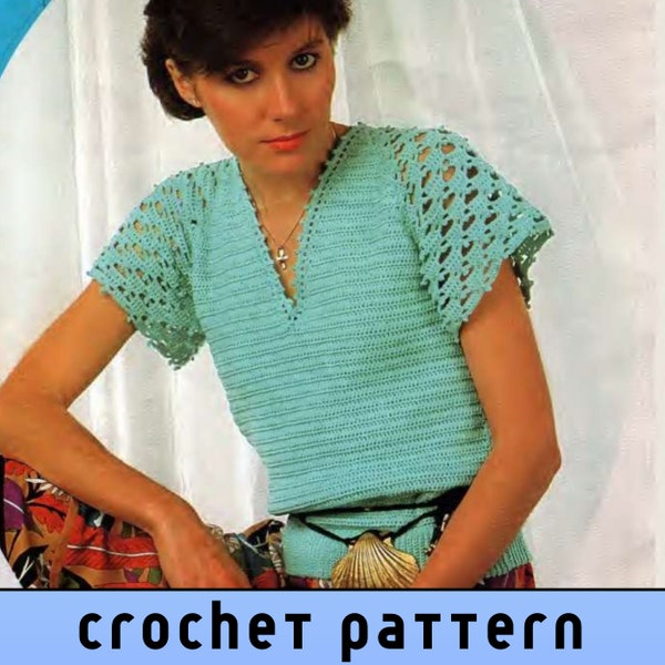 Easy Crochet Short Sleeve Top Pattern Cute Bell Sleeve Blouse 80s Crochet Pattern Vintage Ladies V Neck Women Crochet Tee Shirt 4 ply