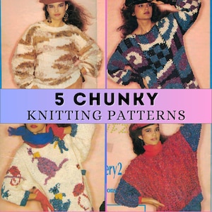 Easy Chunky Sweater Knitting Pattern Oversized Jumper Bulky Knit Women Animal Motif Autumn Winter 80s Vintage Patons Colorwork Pullover PDF