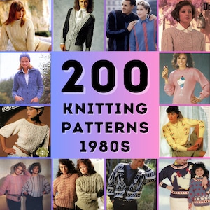 Op de afbeelding: Een collage van afbeeldingen met verschillende gebreide truien en vesten uit de jaren 1980. De tekst "200 Knitting Patterns 1980s" is prominent aanwezig. De afbeeldingen tonen een verscheidenheid aan kleuren en stijlen, waaronder kabelbreisels en patronen.