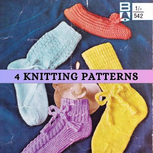May include: Four knitting patterns for socks, featuring a light blue sock with a lacy design, a yellow sock with a ribbed design, a purple sock with a textured design, and a coral sock with a simple design. The image includes the text "4 Knitting Patterns".