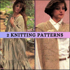 Może przedstawiać: Dwa wzory na szydełkowe szale. Szale są wykonane z jasnobrązowej przędzy i mają koronkowy wzór. Szale są pokazane noszone przez dwie kobiety.