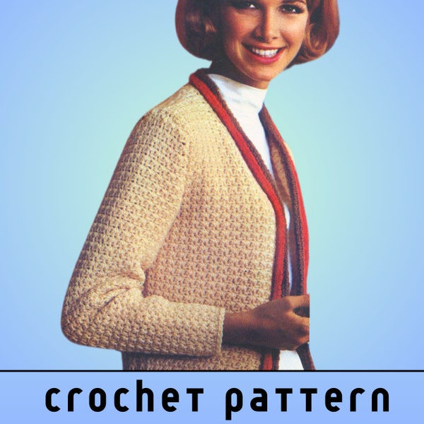 Light Cardigan Crochet Pattern 60s Retro Crochet Cardigan Ladies Single Crochet Pattern Trimmed Cardigan Women Easy Crochet Jacket Pattern
