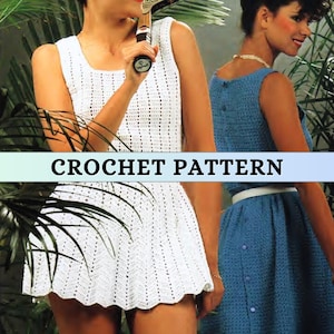 Tennis Dress Pattern Crochet Womens Mini Dress 80s Vintage Treble Pattern Sleeveless Crochet Dress Summer Square Neck 4 ply Printable PDF