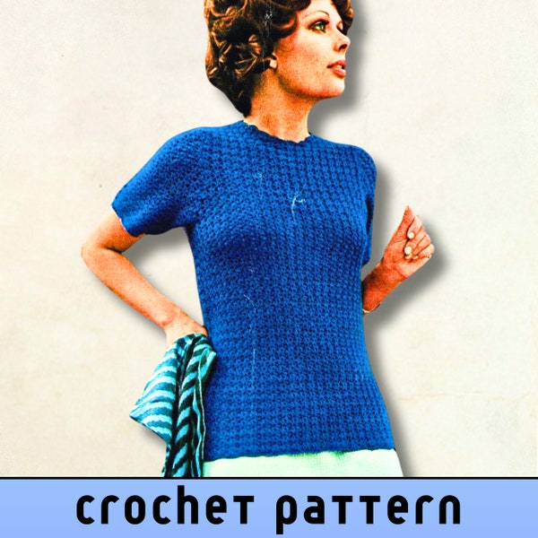 Easy Crochet Short Sleeve Top Pattern Short Sleeve Crochet Pattern Blouse 60s Crochet Pattern Vintage Ladies Crew Neck Women Crochet 4 ply