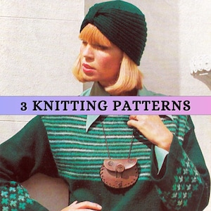 Colorwork Sweater Knitting Pattern Women Tunic Jumper Skirt Turban Hat Set Striped Yoke Boat Neck Retro Vintage 70s Fingering 4 ply PDF