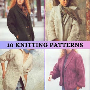 May include: Four different knitted cardigans in various colours, including green, white, and pink. The image includes the text "10 KNITTING PATTERNS".