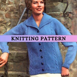 May include: A vintage knitting pattern image featuring a woman wearing a light blue cardigan. The cardigan has a collared neckline, cable knit detailing, and black buttons. The text "KNITTING PATTERN" is displayed across the image.