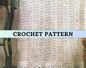 May include: White crochet curtain with a diamond pattern. The curtain has a scalloped bottom edge. The text "CROCHET PATTERN" is printed on a blue banner.