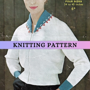 May include: Vintage knitting pattern for a white cardigan with a blue and red trim. The pattern includes instructions for sizes 34 to 40 inches.