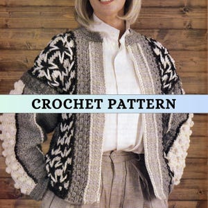 Colorwork Cardigan Crochet Pattern Women Light Jacket Coat Long Sleeve Zip Oversized Retro Vintage 80s Crew Neck Worsted Weight Wool PDF