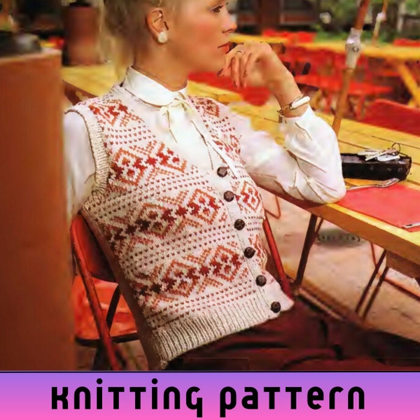 Fair Isle Vest Women Knitting Pattern Button Waistcoast 80s Vintage Woman Christmas Knitting Retro Colorwork V neck Vest Pattern DK PDF