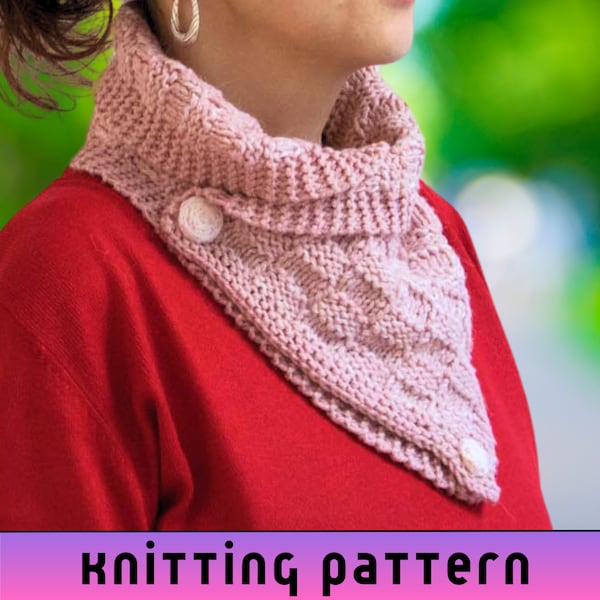 Womens Knit Neckwarmer Pattern, Knit Scarf with Buttons Easy Beginner Friendly Knitting Pattern Modern Worsted Yarn 10 ply Printable PDF