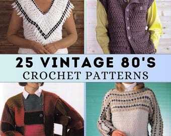 Crochet Patterns Bundle Womens Sweater Cardigan Vintage 80s Lace Top Colorwork Textured Patchwork Easy to Advanced DK Aran Chunky 4 ply PDF