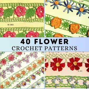 Puede incluir: Una colección de 40 patrones de flores de ganchillo. Los patrones presentan una variedad de flores en diferentes colores, incluidos el rojo, el rosa, el azul, el amarillo y el verde. Los patrones están dispuestos en un formato de cuadrícula, con cada patrón etiquetado con un número.