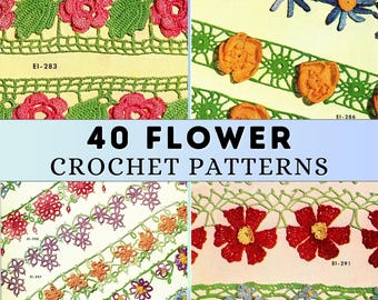 Crochet Edging Patterns Floral Lace Trim 40s Vintage Crochet Patterns Bundle Heirloom Useful Home Patterns Flower Household Pattern PDF