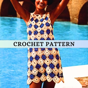 May include: A crochet dress pattern featuring a blue and cream diamond pattern. The dress is sleeveless and has a scalloped hem.