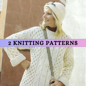 Könnte beinhalten: Ein weißes Strickset aus Pullover und Mütze mit Zopfmuster. Der Pullover hat eine lange, lockere Passform und einen tiefen V-Ausschnitt. Die Mütze ist ein Schlapphut im Beanie-Stil. 2 Strickmuster.