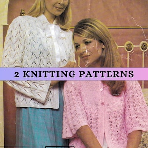Peut inclure: Deux patrons de tricot pour des cardigans en crochet. Un cardigan est blanc avec un motif de point ajouré. L'autre cardigan est rose avec un motif de point plus petit. Les deux cardigans ont une fermeture à boutons.
