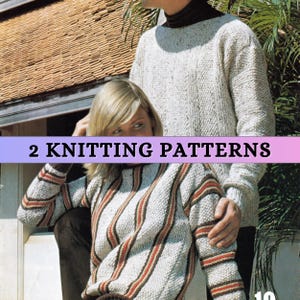 Peut inclure: Image de deux pulls tricotés. L'un est un pull de couleur crème avec une texture côtelée. L'autre est un pull de couleur crème avec des rayures verticales rouges et marron. Le texte "2 KNITTING PATTERNS" est affiché sur l'image.