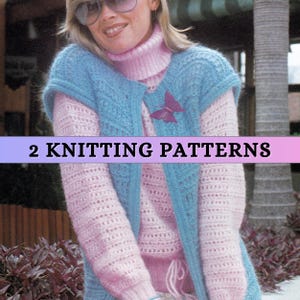 May include: A woman wearing a light blue knitted vest over a pink sweater. A pink butterfly pin adorns the vest. The image includes the text "2 KNITTING PATTERNS" in a pink and purple banner.