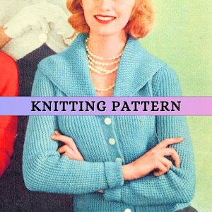 50s Knitting Pattern V neck Cardigan Large Shawl Collar Easy Classic Bed Jacket Vintage Women Nubby Stitch Winter Autumn 4 ply Patons PDF