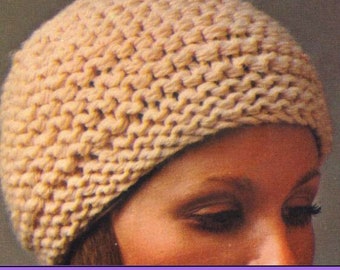 Easy Knitting Hat Pattern, Worsted Knit Hat Pattern , Beginners Knitting, 70s Vintage Knitted Winter Hat Patterns for Women, Printable PDF