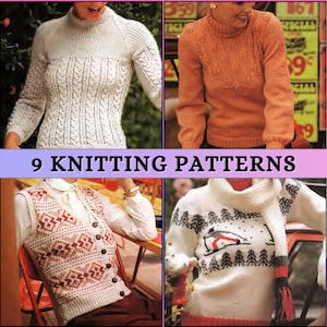 DK Knitting Patterns for Women Roll Neck Sweater Fair Isle Vest Colorwork Jumper Double Knit Cardigan Winter Autumn Bundle Patons PDF