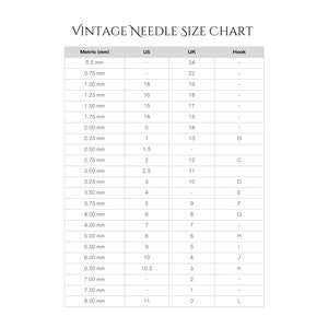 Peut inclure: Un tableau montrant les tailles d'aiguilles en millim&egrave;tres, les tailles am&eacute;ricaines, les tailles britanniques et les tailles de crochet. Le tableau comprend les tailles de 0,5 mm &agrave; 8,00 mm.