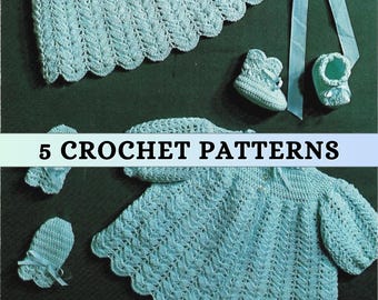 Crochet Pattern Baby Girl Layette Set 60s Vintage Newborn Baby Matinee Coat Yoke Dress Mittens Hat Booties Infant Lace Cardigan 4 ply PDF