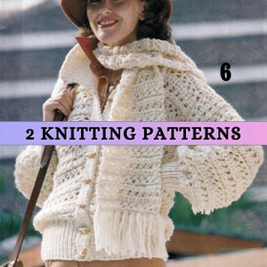 May include: Cream-colored knitted cardigan and scarf set. The cardigan has a button-up front and a shawl collar. The scarf has fringe at the ends. The image also includes the text "2 KNITTING PATTERNS" and the number "6".