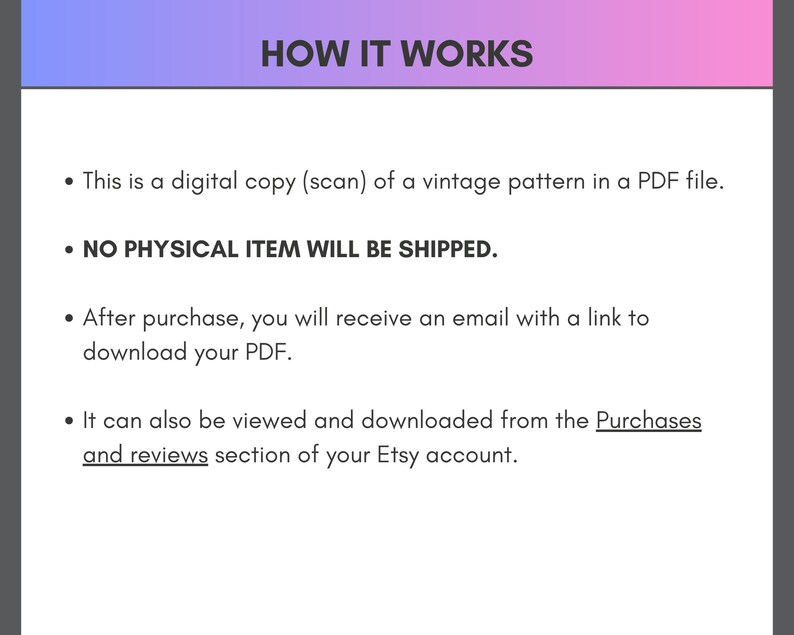 Peut inclure: Texte expliquant comment une copie num&eacute;rique (scan) d'un mod&egrave;le vintage est livr&eacute;e sous forme de fichier PDF. Il indique qu'aucun article physique ne sera exp&eacute;di&eacute;. L'acheteur recevra un e-mail avec un lien pour t&eacute;l&eacute;charger le PDF, qui peut &eacute;galement &ecirc;tre consult&eacute; dans la section Achats et &eacute;valuations de son compte Etsy.