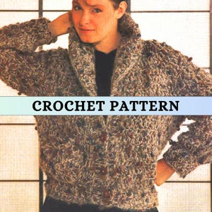 May include: Crochet pattern for a brown, beige, and blue cardigan with a shawl collar and button closure. The pattern is titled "CROCHET PATTERN".