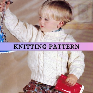 Boys Sweater Knitting Pattern for Children Aran Knit Toddler Jumper Textured Cable Classic Patons Worsted Weight Crew Neck Winter Autumn PDF