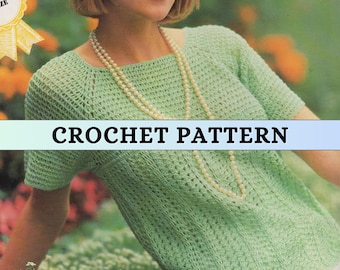Crochet Tee Shirt Pattern Lace Weight Blouse Short Sleeve Sweater Spring Tee Summer Crochet Pattern Women Casual Openwork 80s Vintage PDF