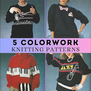 Intarsia Knitting Pattern Adult Jumper Pattern Music Sweater Guitar Fun Sweater Womens Easy Colorwork Vintage Crewneck Pullover 4 ply PDF