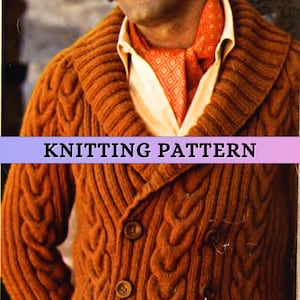 May include: A brown knitted cardigan with a cable knit pattern and a large collar. The cardigan has a double breasted closure with buttons.